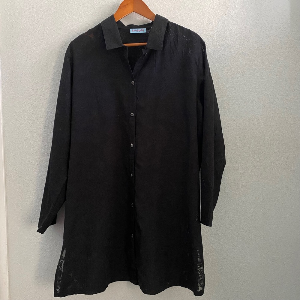 Sun Cover- up Sheer Black Burnout Palm Leaf Button Down Tropical Resort wear